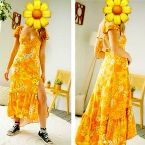 Urban Outfitters Orange Floral Sun Dress Lace Up Back with Side Slit